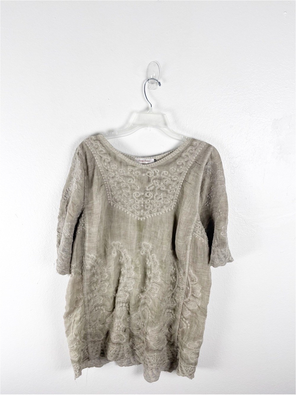 SIMPLY COUTURE Beige Embroidered Short Sleeves Lightweight Top XXL Boho Casual